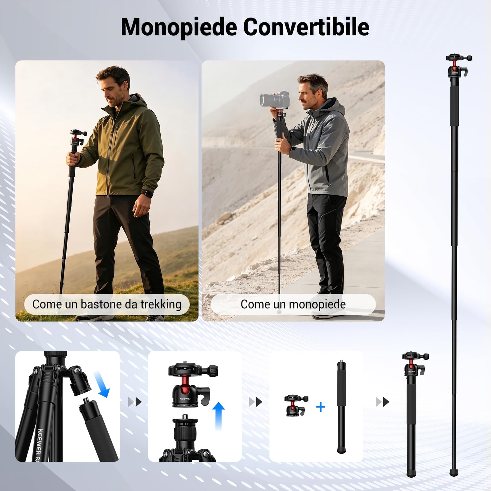 NEEWER BASICS Monopiede Treppiede Fotocamera da 145cm con Piastra QR Arca Testa Sfera Porta Telefono, Tripod da Viaggio Compatto e Portatile per iPhone DSLR Videocamera Video Streaming, Max 3kg, TP68