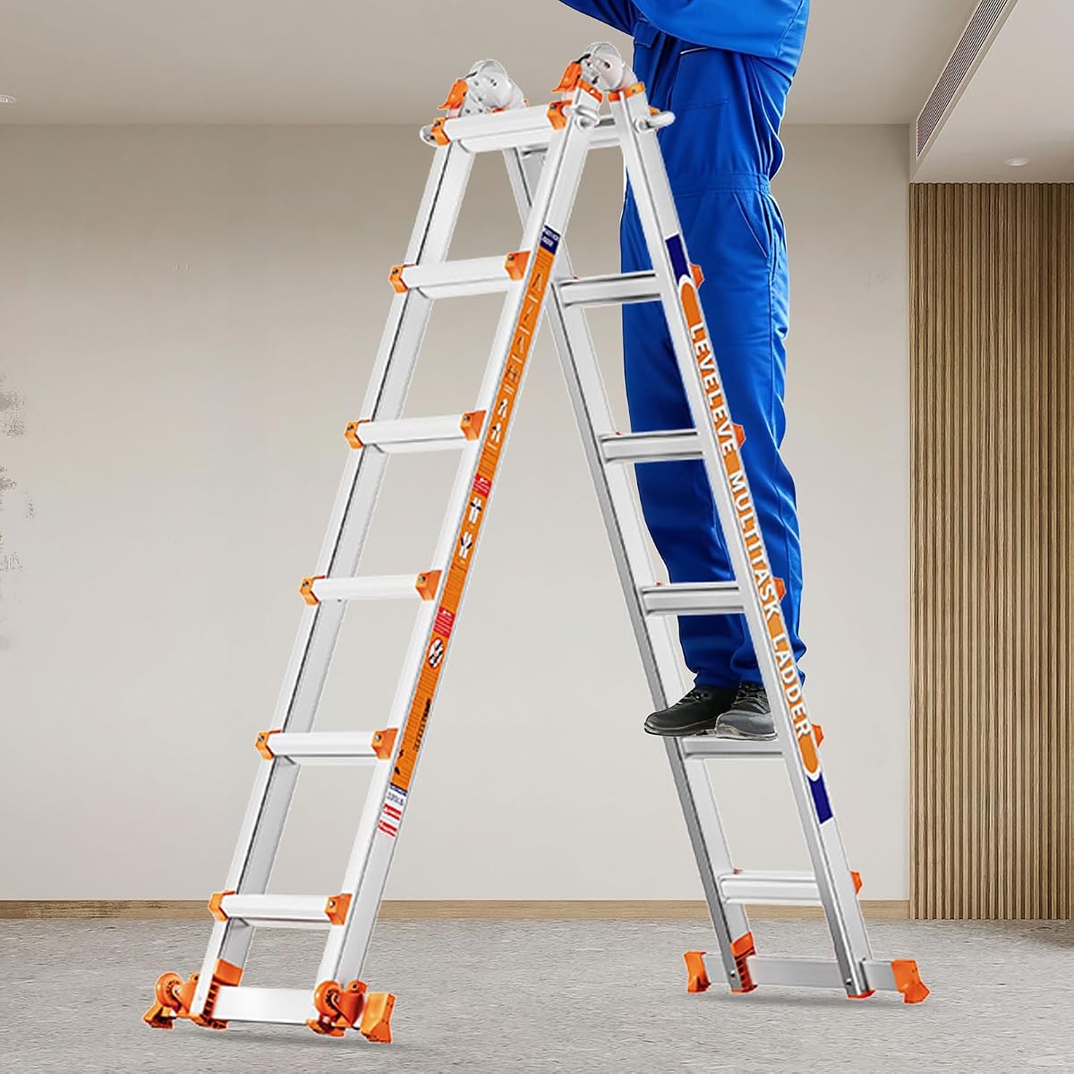 A Frame 6 Step Ladder, 20FT Extension Ladder with Stabilizer Bar & Wheels,330 lbs Security Load Multi Position Ladder for Stairs Home Indoor Outdoor Roof
