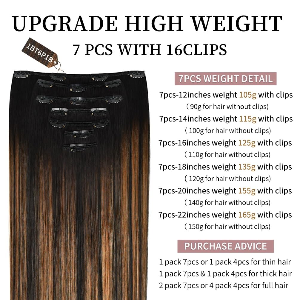 16 Inch Clip-in Hair Extensions Remy Human Hair for Women - Soft Handmade Real Human Hair Clip in Extensions, Straight, Thick, 125g 7pcs #(1BT6) P1B Color