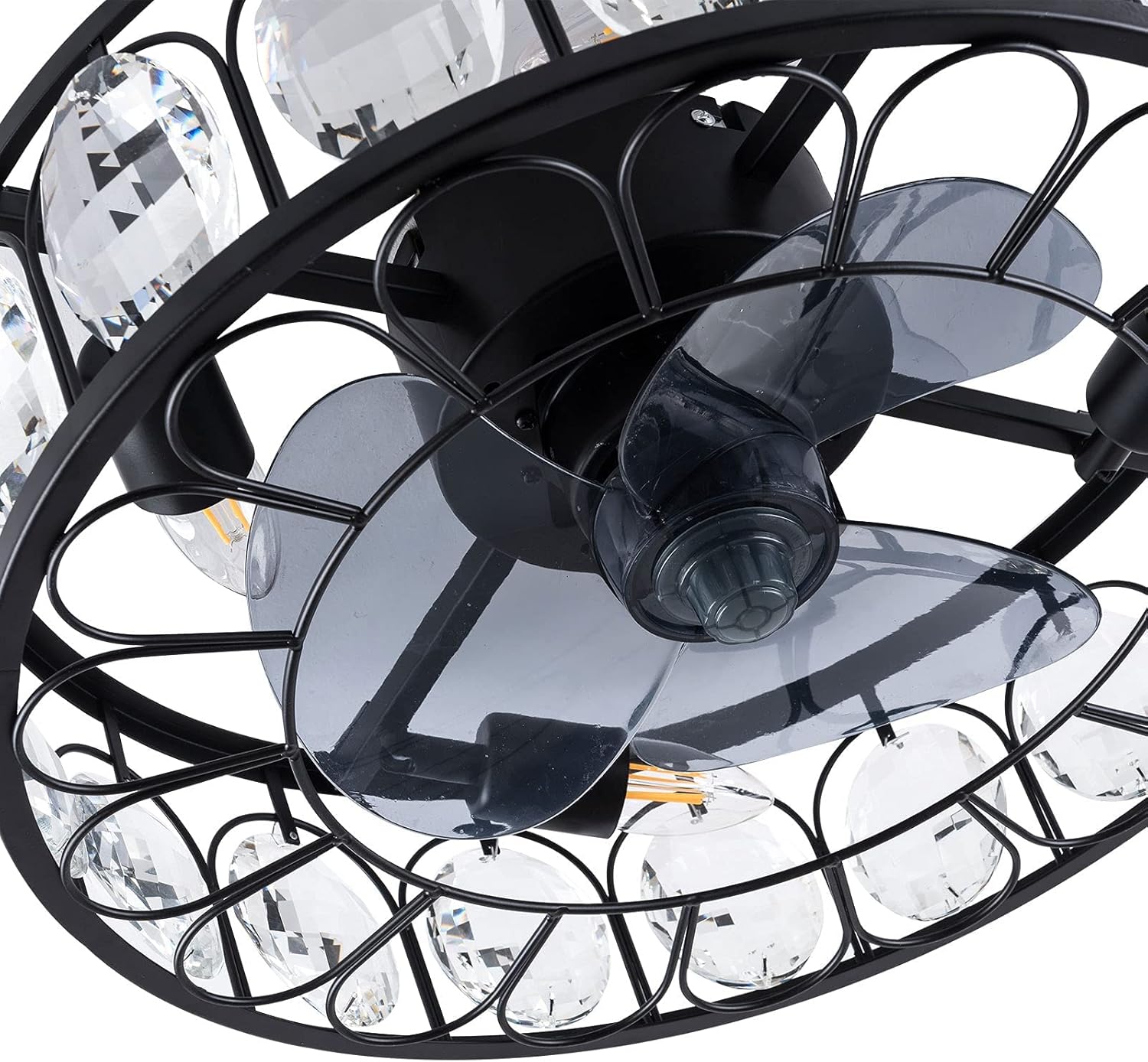 TFCFL Industrial Crystal Ceiling Fan with Lights, 18 Inch Black Caged Low Profile Chandelier Fan Timing with Controller 3-Speed 4-Light Semi Flush Mount Hidden Blades Fan for Bedroom