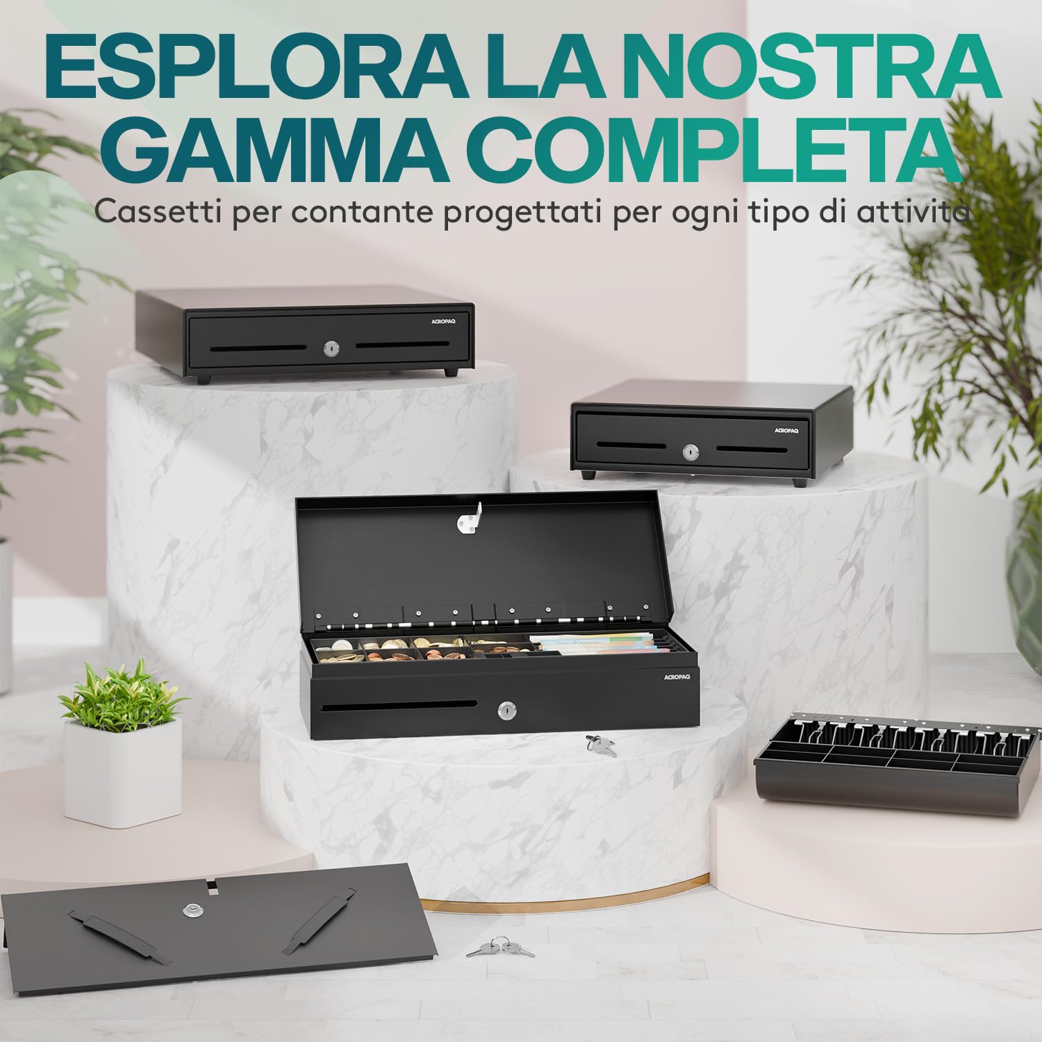 ACROPAQ Cassetto cassa - Compatibile con registratore cassa RJ11, 4 scomparti monete e 8 banconote, Cassetto in metallo con inserto rimovibile, Robusto (42 x 41 x 12 cm) - Cassetto cassa registratore