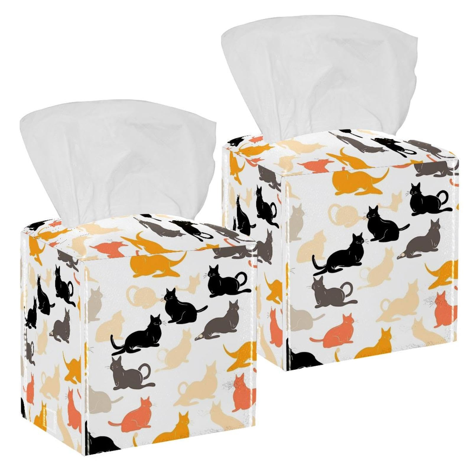 Cats Tissue Box Cover, 2 Pack PU Leather Square Facial Tissue Dispenser Box holder for Home Office Car