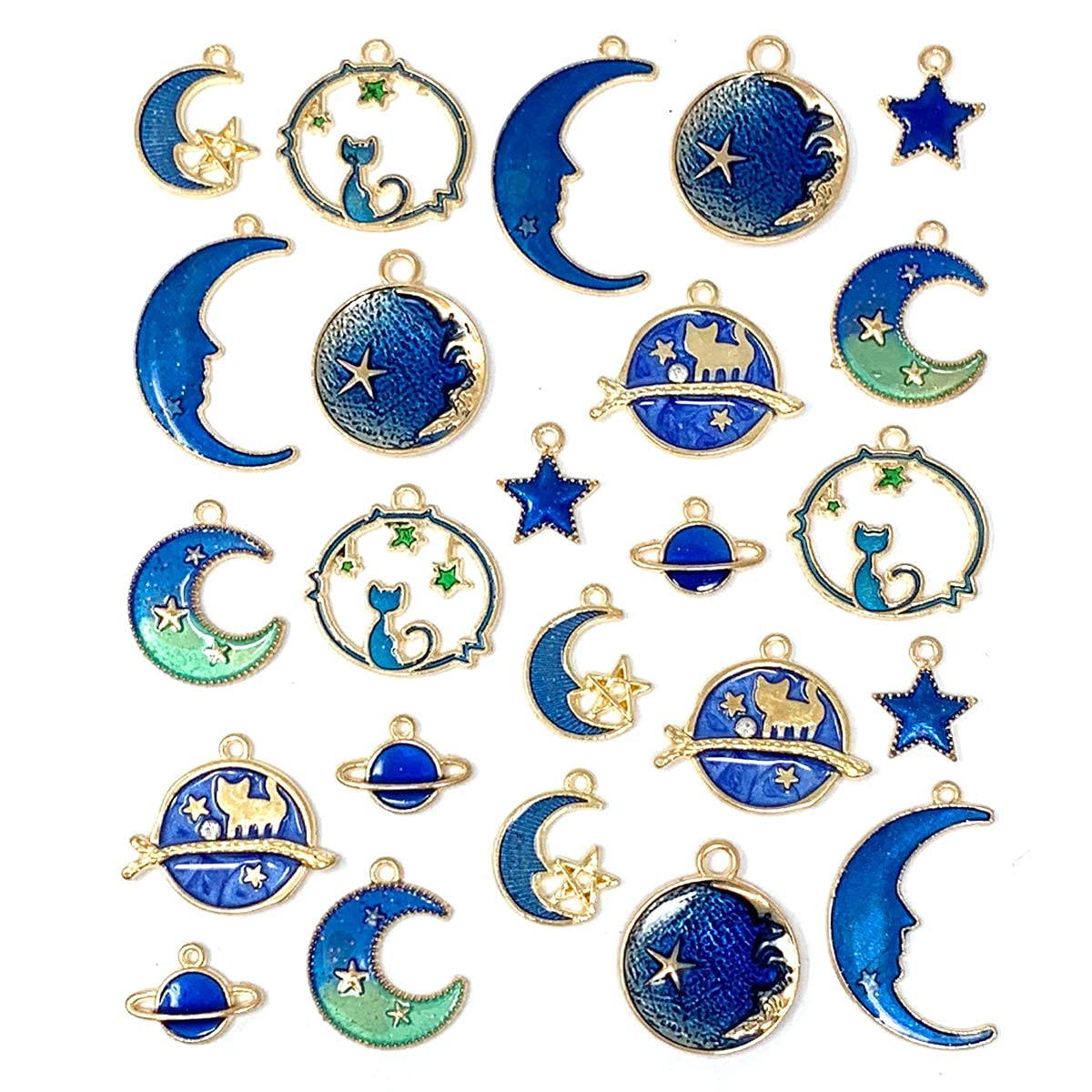 KASTWAVE Pendant Gold Plated Enamel Cat Moon Star Celestial Charm DIY for Earrings Necklace Bracelet Jewelry Making and Crafting 1 Set (24 Pieces)