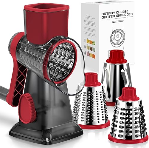 KEOUKE Rallador de queso giratorio con manivela transparente - triturador, rebanador, molinillo de 3 cuchillas de acero inoxidable, succión estable,