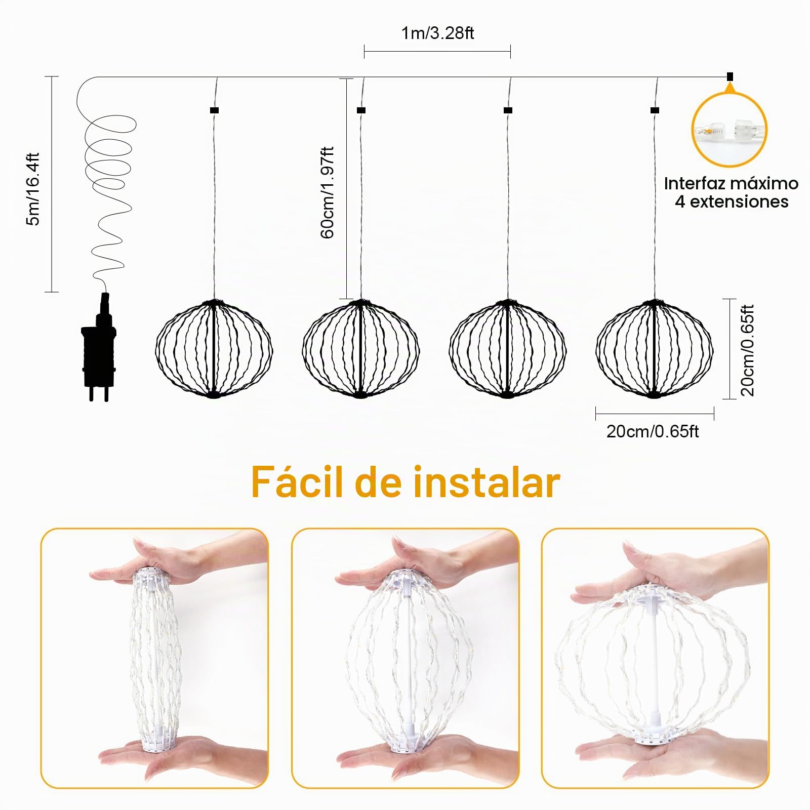 Auting Guirnalda Bolas Navidad LED Blanco Cálido 8 Modos 4 Piezas | Bolas colgantes extensibles de 20cm Ø para decoración llamativa, ideal para jardín, balcón e interiores