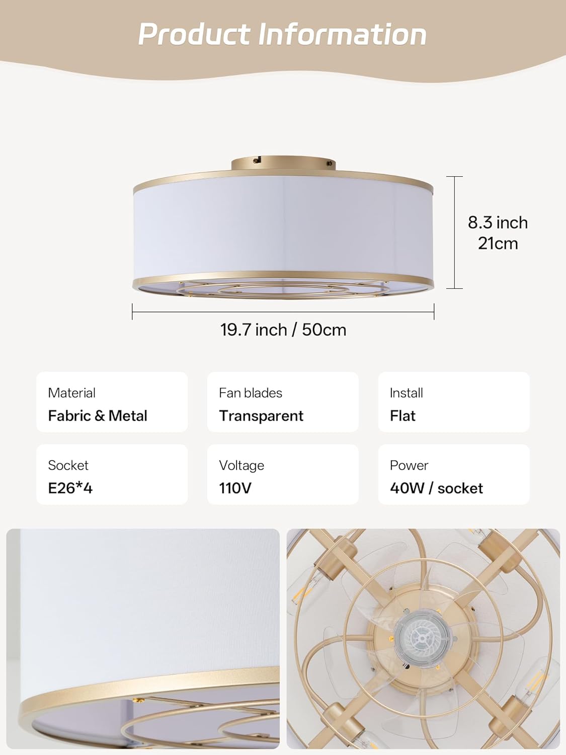 Caged Low Profile Ceiling Fans with Lights, Bladeless Ceiling Fan with lights Remote, Flush Mount Modern Enclosed with 6 Speeds for Bedroom, Kitchen, Gold