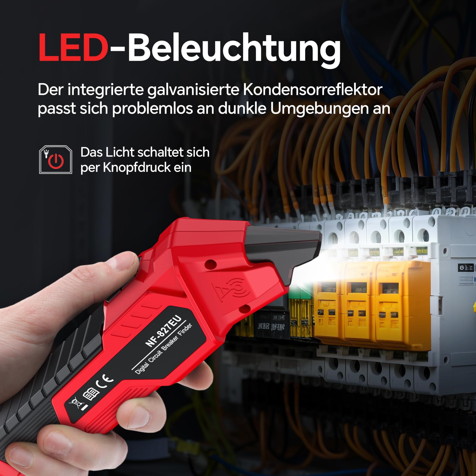 NOYAFA NF-827EU - Rilevatore di sicurezza, dispositivo di ricerca del circuito, tester di tensione senza contatto (con tester per presa da 230 V Schuko), tester di fase NCV, rapida identificazione