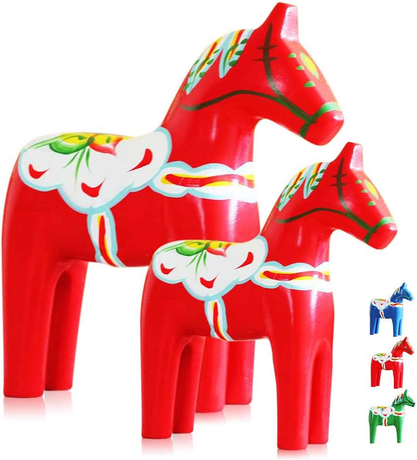 Set of 2 Hand Painted Swedish Wooden Dala Horse Figurine (Red) 9.4"/6.3"