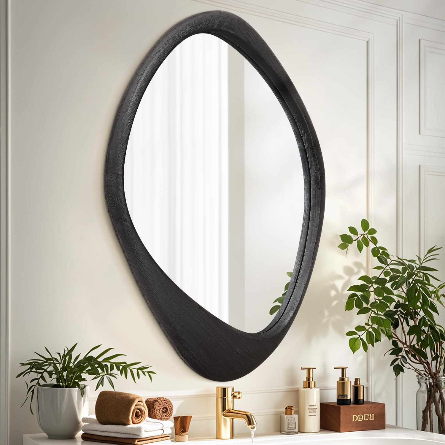 AAZZKANG Black Mirror with Wood Frame Large Irregular Wall Mounted