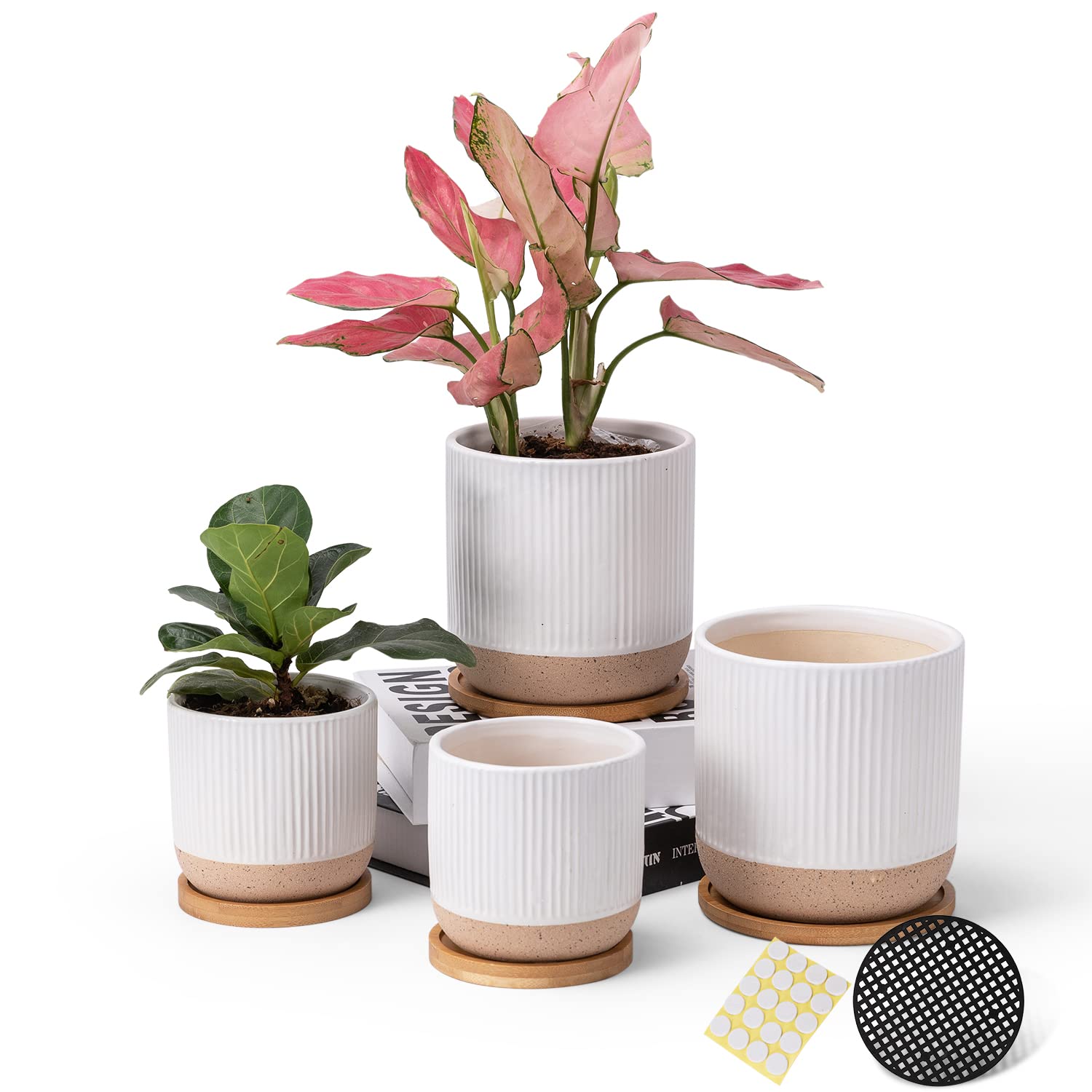 TAMAYKIM 5.25 + 4 Inch Ceramic Plant Pots Set with Bamboo Saucers & Drainage, Modern Minimalist Design Flower Planter with Saucers for Indoor Outdoor Succulent, Cactus and Herbs, White, Set of 4