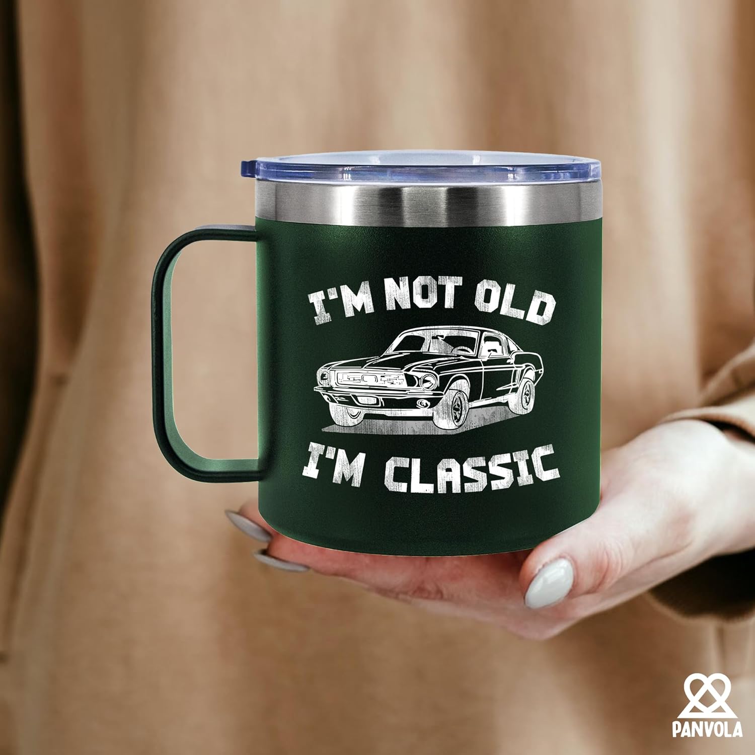 Panvola I'm Not Old I'm Classic 50th 60th 70th 80th 90th Birthday Gifts Grandpa Dad Retirement Gift Vintage Car Insulated Coffee Cup 14oz With Handle And Lid Camping Travel Mugs (Green, 14 oz) - Image 8