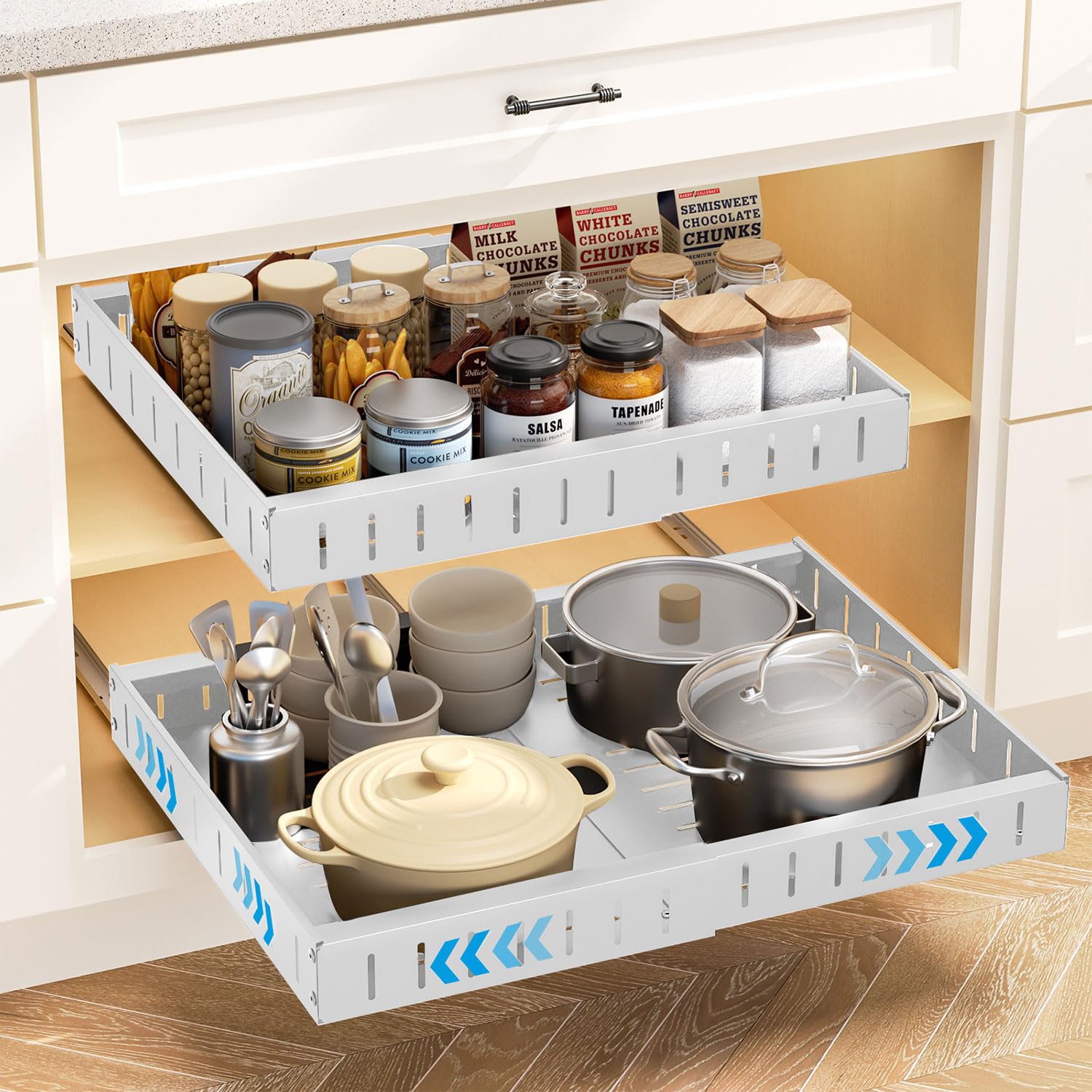 Tiroir télescopique extensible en métal blanc pour armoire de cuisine