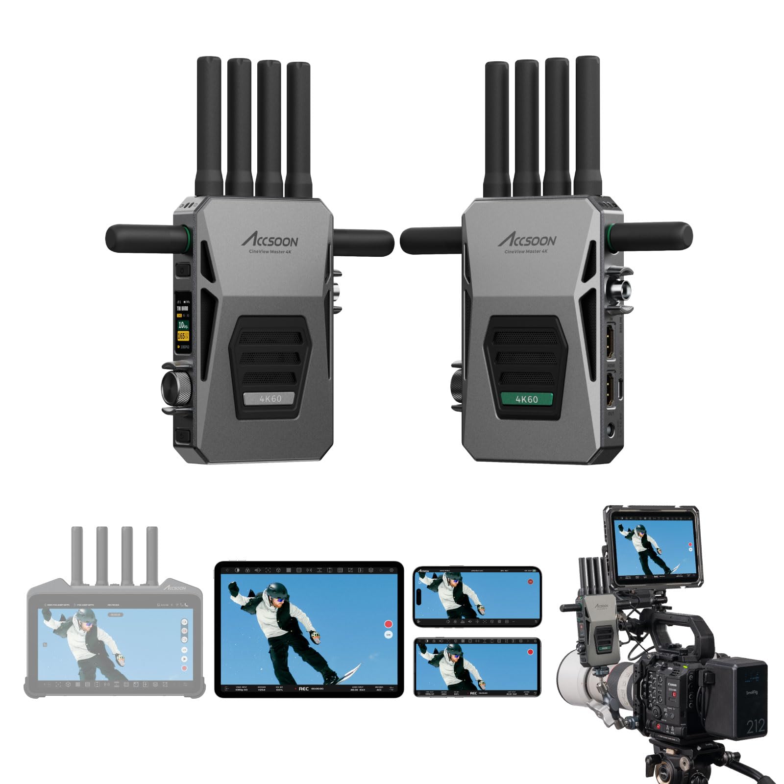 Accsoon CineView Master 4K Wireless SDI HDMI Transmitter&amp;Receiver, 4K60/1080p60, Tri-Band 8202ft Transmission 25ms LAT, 1 iOS+ 4 App Monitoring, Pair M7 Pro/M7H Pro Camera Monitor/SE 4K