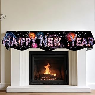 Nuxovilar Mantle Scarf Fireplace Decorations - Happy New Year Fireworks Design Polyester Short Pile 78.7x19.6 Inches, New Year-Themed Mantle Scarf for Party Venues, Celebration Events,