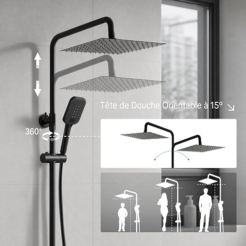 Colonna Doccia Nera Senza Miscelatore, Asta Doccia Saliscendi con Soffione Pioggia 30x30cm e Doccetta 3 Getti, Asta Doccia Regolabile in Altezza 86-120cm, Tubo Acciaio Inox Antitorsione 1.6m, Nero - 4