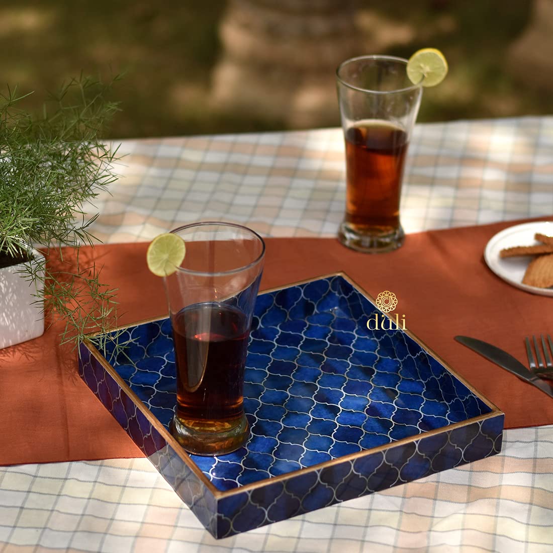 DULI Enamel Coated Multipurpose Tray in MDF | Serving Tray for Home & Dining Table | Multipurpose Tray | Water & Heat Resistant Durable (Navy-BlueDrops)