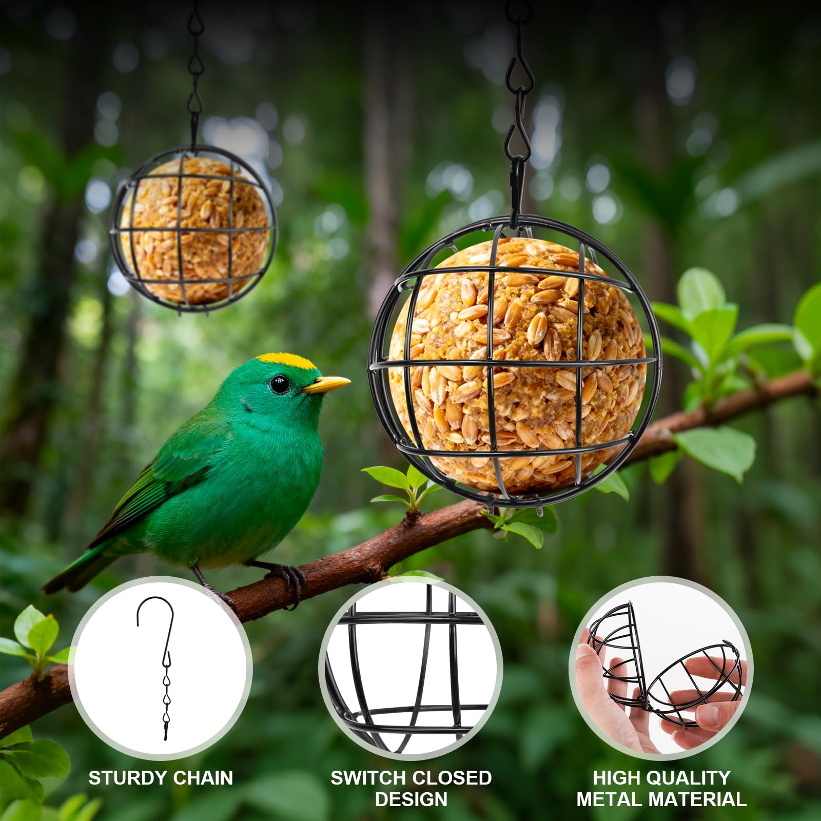 Soporte para bolas de masa para pájaros, 8 unidades, 7 cm, metal para pájaros, comedero para pájaros, soporte para bolas de carbonero, soporte para bolas de maíz con gancho para colgar para aves