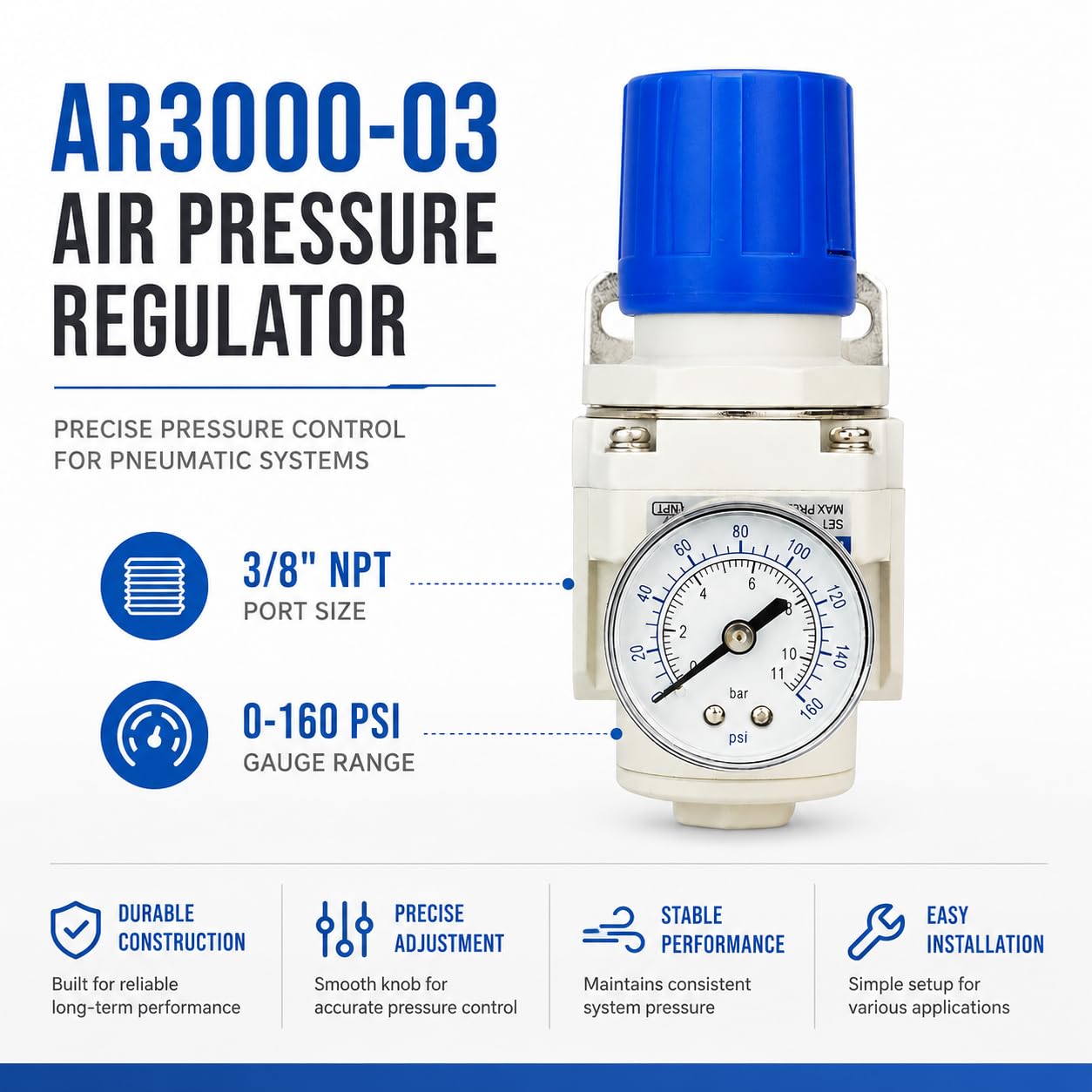 BLCH NPT regulator ciśnienia powietrza 3/8" – regulator ciśnienia powietrza do sprężarki, sprężarki powietrza, system suszenia powietrza AR3000-03, manometr 0-160 PSI