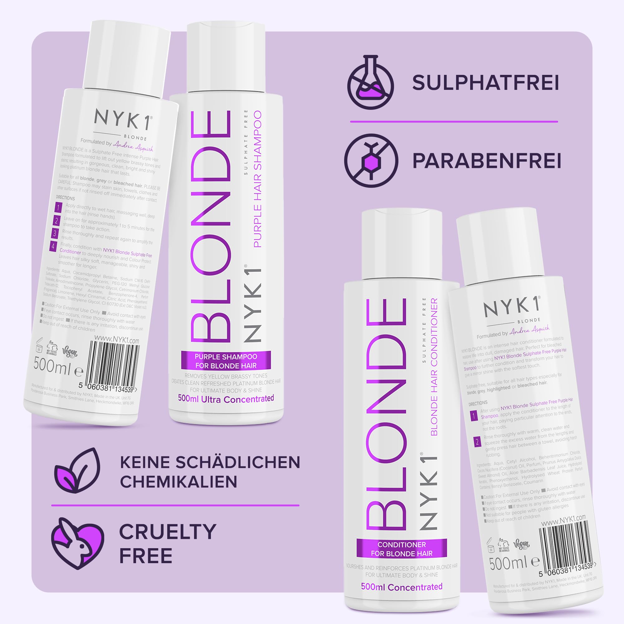 NYK1 NO MORE BRASS Lila Haarshampoo & Spülung Set | 500ml x2 | Blondes Shampoo und Spülung Set für Blondiertes, Coloriertes und Gesträhntes Haar - Neutralisiert Gelb und Messingtöne
