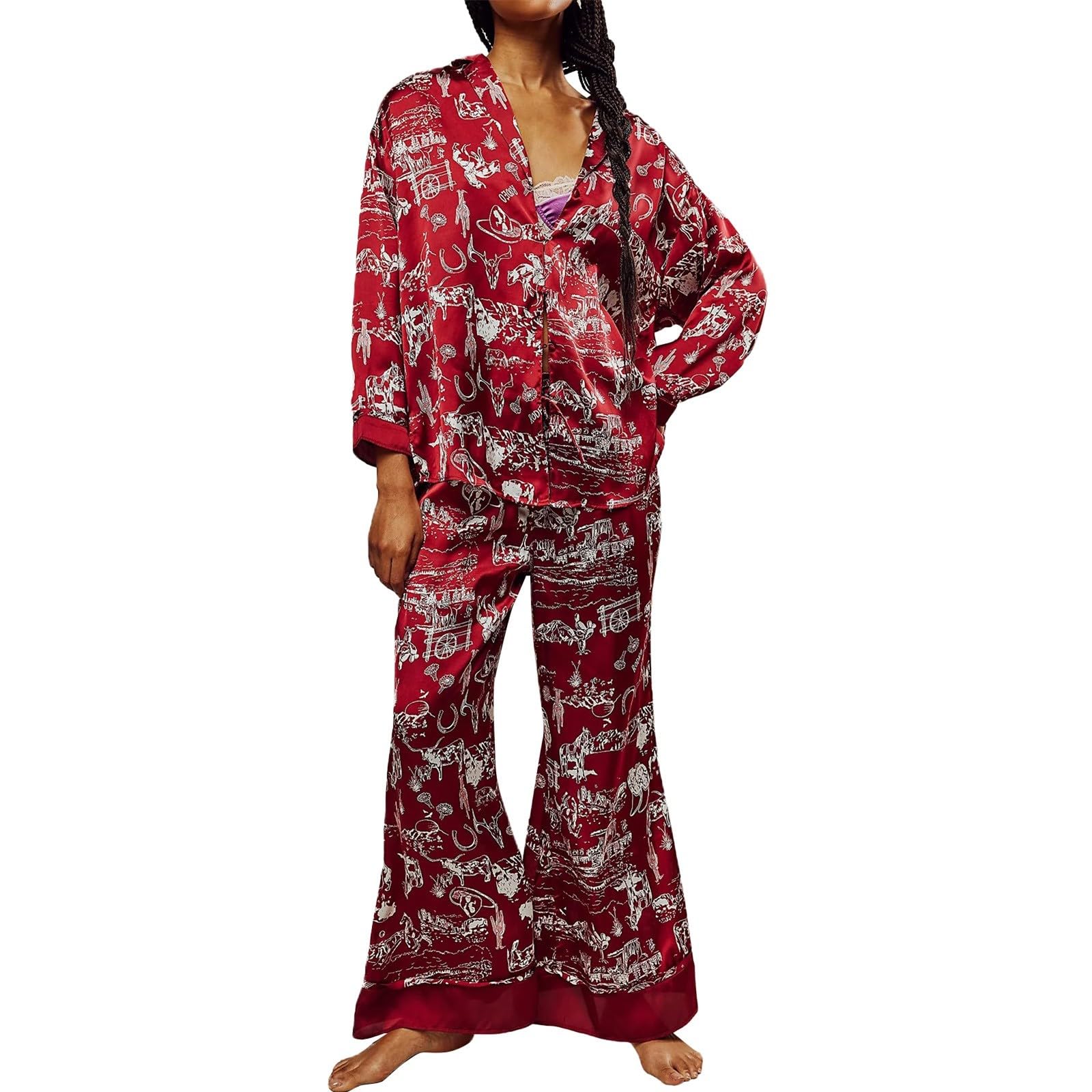 Generisch Pijama de seda de satén para mujer, conjunto largo con botones, conjunto de pijama de moda, ropa de dormir ligera y delgada, ropa para el hogar, ropa de dormir de moda, estampado floral