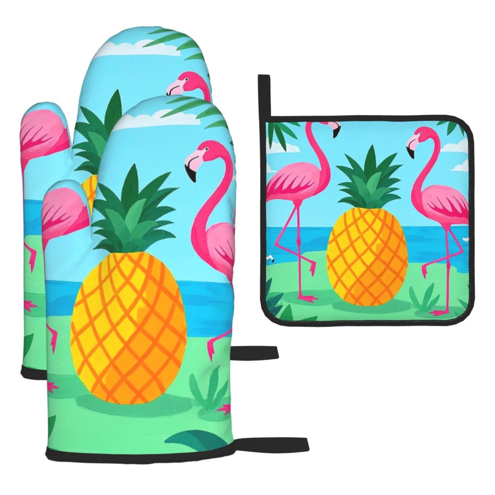 Oven Mitts and Pot Holders Sets of 3 Flamingos and Pineapples Oven Mitts 3 Pcs Heat Resistant Non Slip Ovens Gloves Hot Pads Kitchen Gloves Potholders for Baking Cooking BBQ Grilling