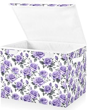 senya Flower Baskets Collapsible Storage Bins with Lids, Romantic Purple Roses Storage Boxes Clothes Baskets for Organizing, B06D22020