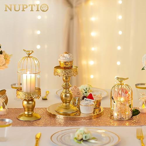 Miniatura 8 de Nuptio Portavelas de pilar dorado, 2 piezas de faroles de jaula de pájaros, portavelas decorativo de mesa para bodas, fiestas, cafeterías,