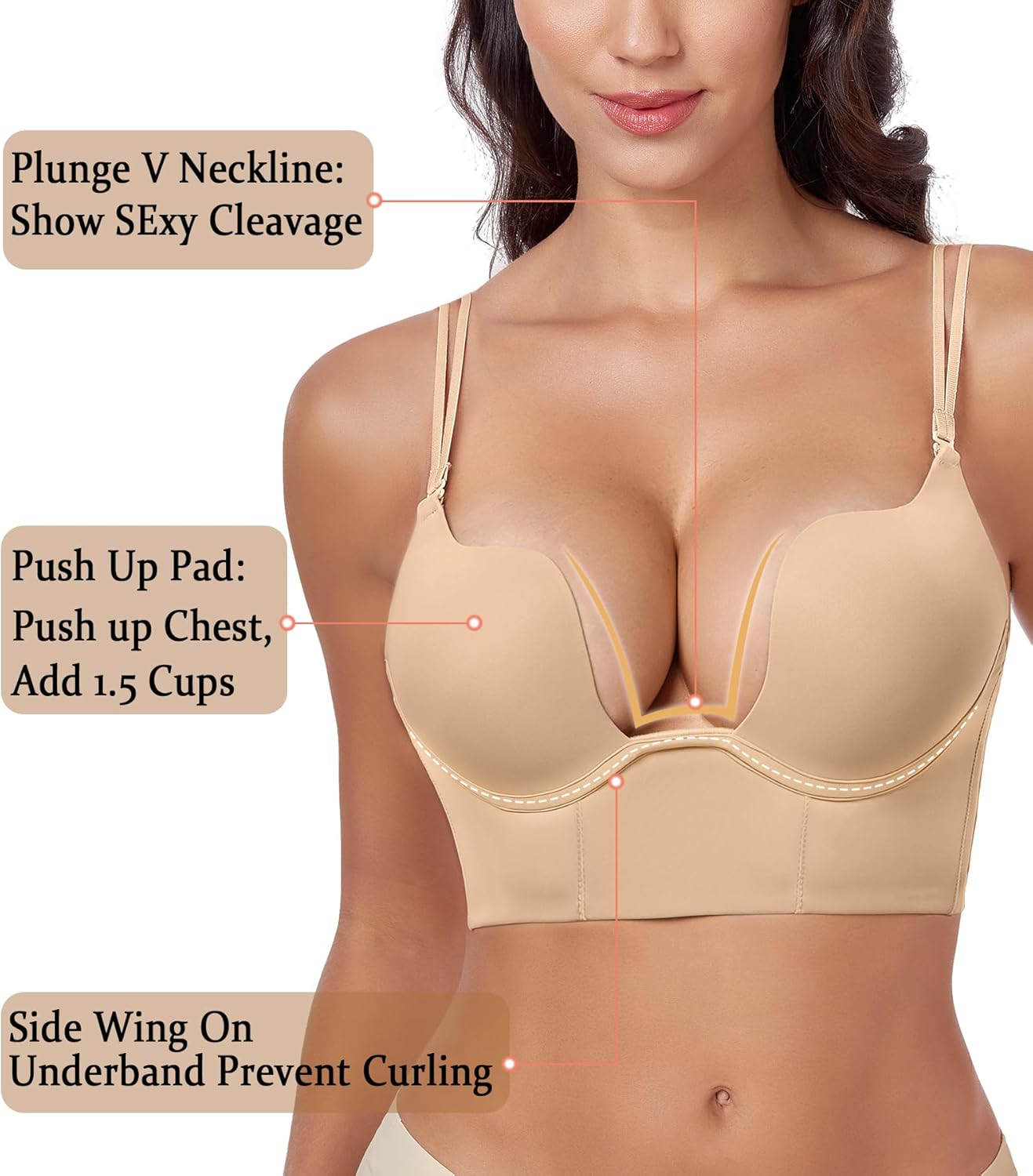 Women's Backless Deep Plunge Bra U Neckline Push Up Low Cut Supportive Underwire Bras - Image 3