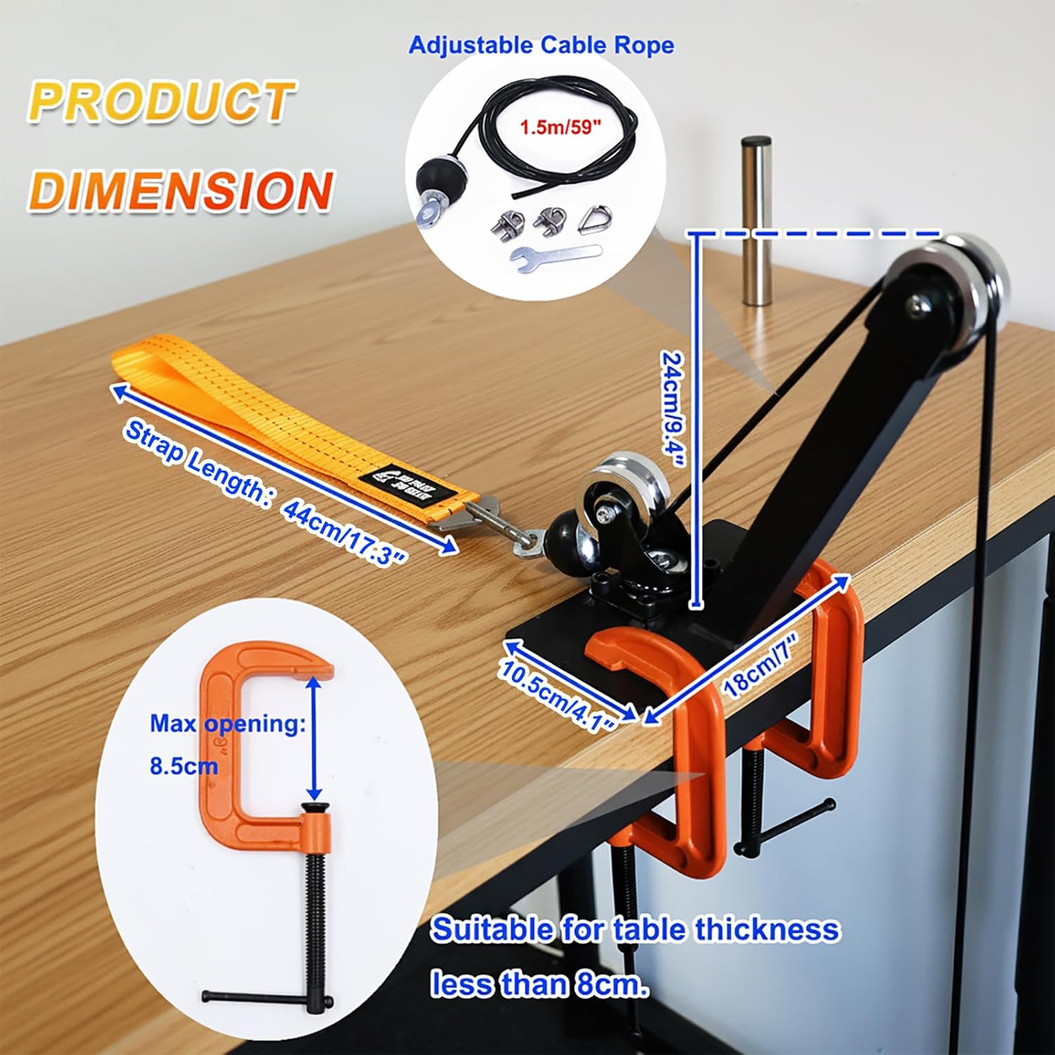 Arm Wrestling Pulley Training System Kit for Table Professional Forearm and Wrist Strengthener with Aluminum Rotating Pulleys Adjustable 1.5m Cable, Loading Pin and Training Strap for Home Gym Workout
