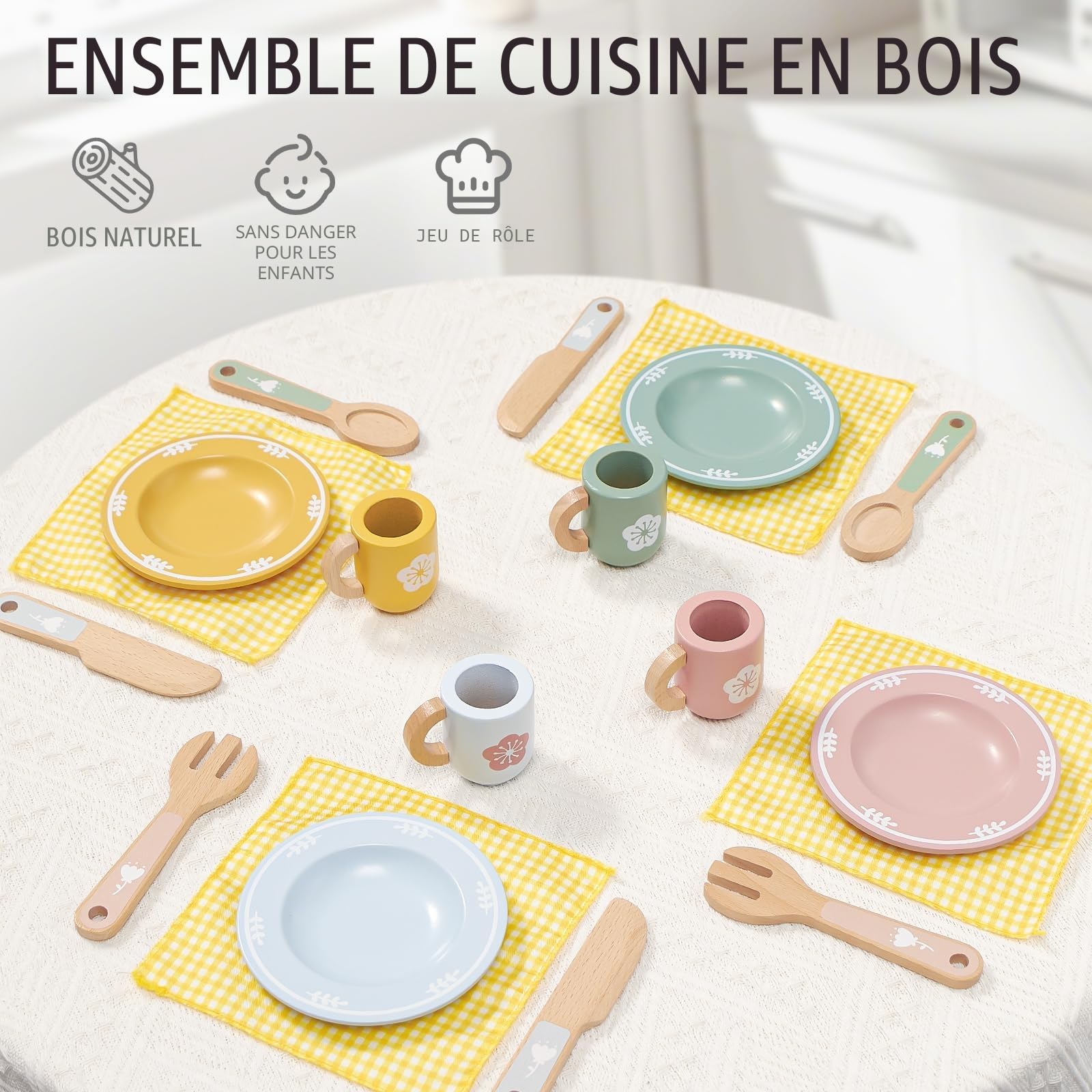 Atoylink Accessoires de cuisine pour enfants - Vaisselle en bois - Service à thé pour enfants - Ensemble de vaisselle avec tasses, assiettes, accessoires de cuisine en bois - Jouet de jeu de rôle