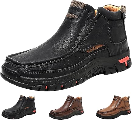 Mens Mid-top Outdoor Chukka Boots,Vintage Comfort Leather Arch Support Non-Slip Slip On Hiking Casual Shoes