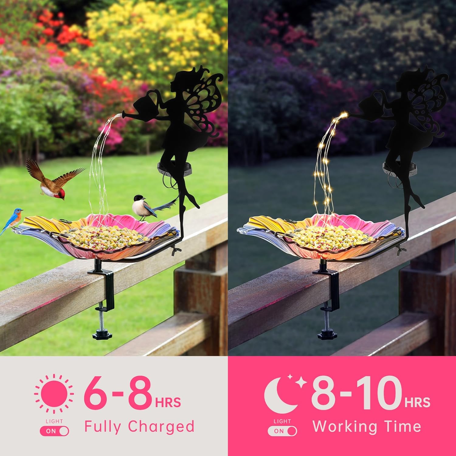 VChymm Solar Glass Colored Bird Bath，Birdbaths Deck Mounted 19.5 Inches Bird Bath 4 Inches Deck Adjustable Steel Clamp，Balcony Railing Birdbaths, Fence Clamp Detachable…