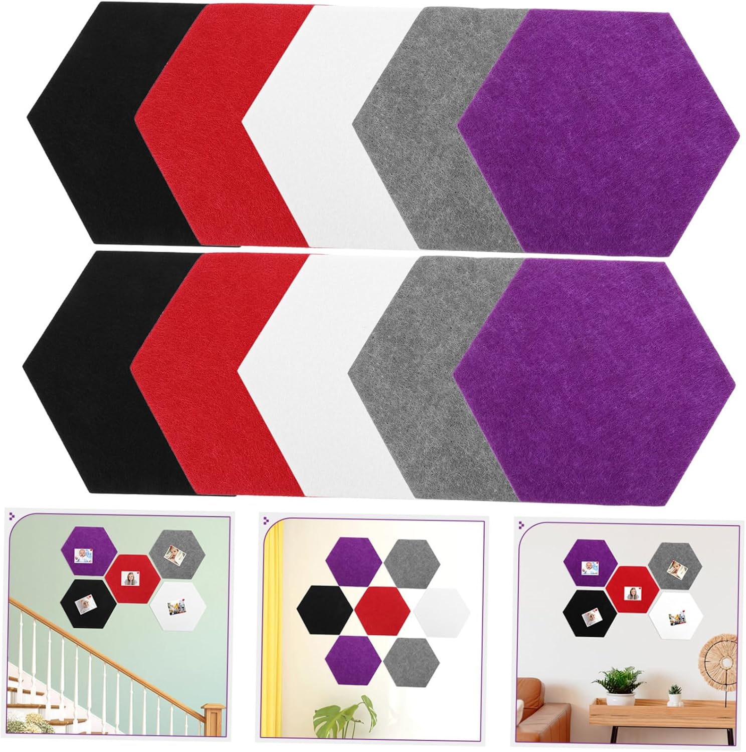10pcs Hexagon Felt Bulletin Board Tiles Wall Memo Board Adhesive Felt Tiles for Decor White Light Grey