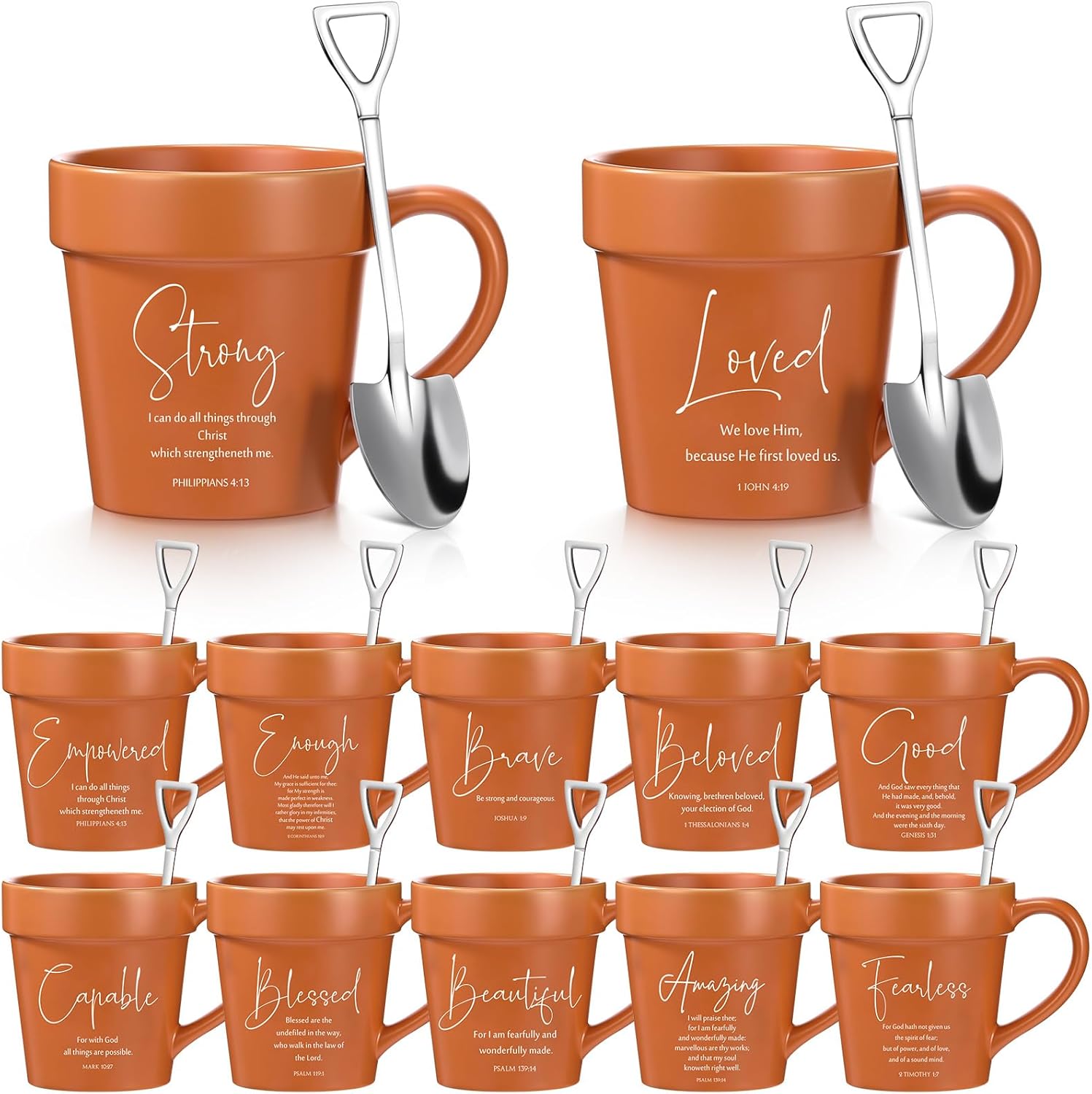 12 Pcs Mother's Day Christian Gifts for Women 11oz Flowerpot Bible Verse Coffee Mugs with Shovel Spoons Bulk Religious Gifts for Mom Grandma Church Pastor Sunday School Teacher Team(Pray)