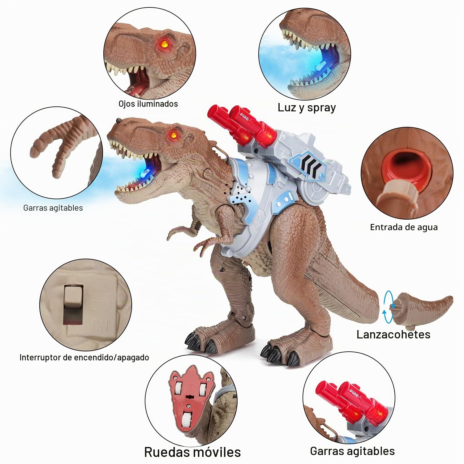 Smalody Juguete de Dinosaurio con Control Remoto - Juguetes Animales T-Rex | Dinosaurio radiocontrolado con función de pulverización, juguete electrónico caminante con rugido realista