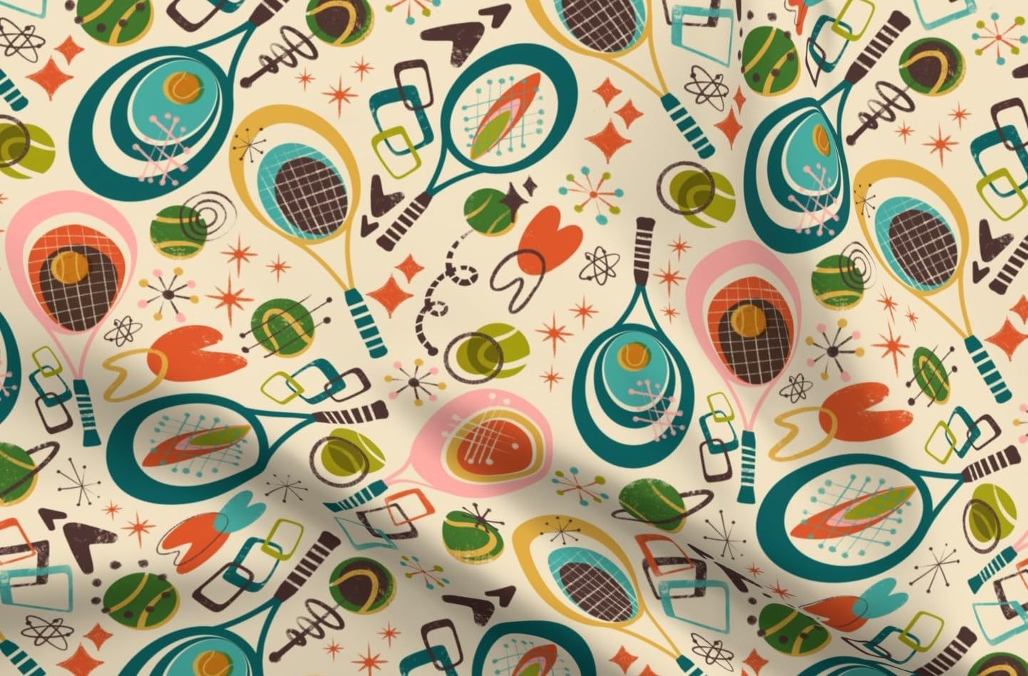 Spoonflower Fabric - Mod Retro Tennis MCM Sports Court Sport Games Sporty Rackets Bold Printed on Petal Cotton Fabric by The Yard - Sewing Quilting Apparel Crafts Decor