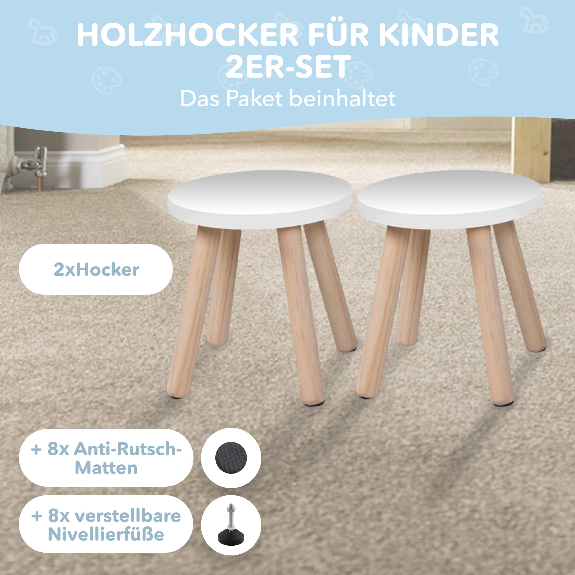 Cateam Tritthocker aus Holz für Kinder und Kleinkinder – 2er-Set – Weiß – Kinderhocker mit ausziehbaren Beinen – sensorischer Tischhocker – runder Sitzhocker für Kinder mit Nivellierfüßen