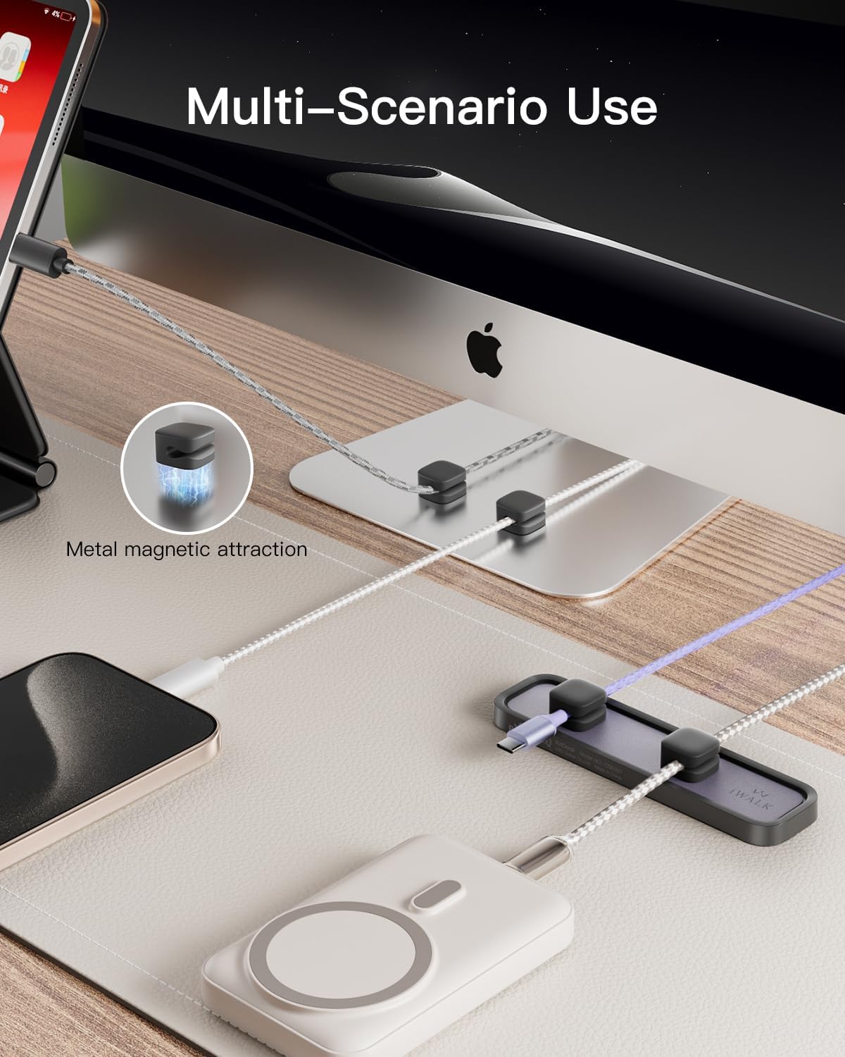 iWALK Magnetic Cable Holder,Reusable Adhesive Desktop Cord Organizer for 2-6mm Cables,4 Clips for Lightning & USB C/Micro Cables,Sticks to Wood,Glass,Metal, Marble,2-Pack,Black - Image 6