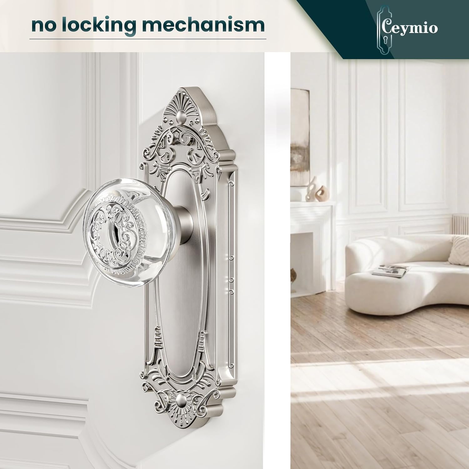 Luxury Glass & Crystal Door Knob with Brushed Nickel Dummy Handle and Diamond Cut Plate - for Bedroom,Bathroom,Hallway and Closet Interior Doors