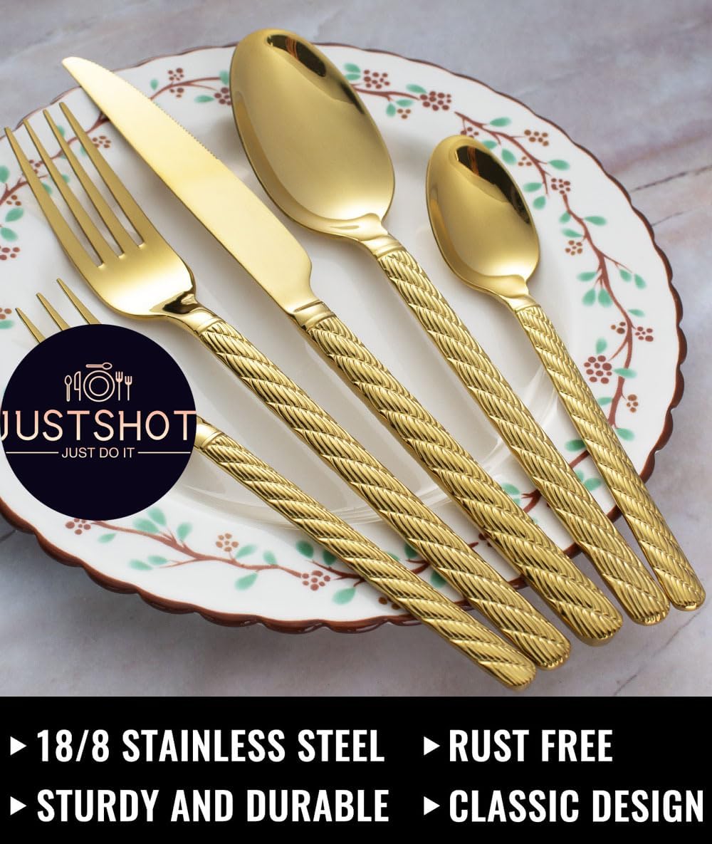 JUSTSHOT 60-Piece Gold Silverware Set for 12,Unique 1810 Stainless Steel Flatware Set with Twist Handle,Hammered Gold Forks and Spoons Cutlery Set,Mirror Polished,Dishwasher Safe