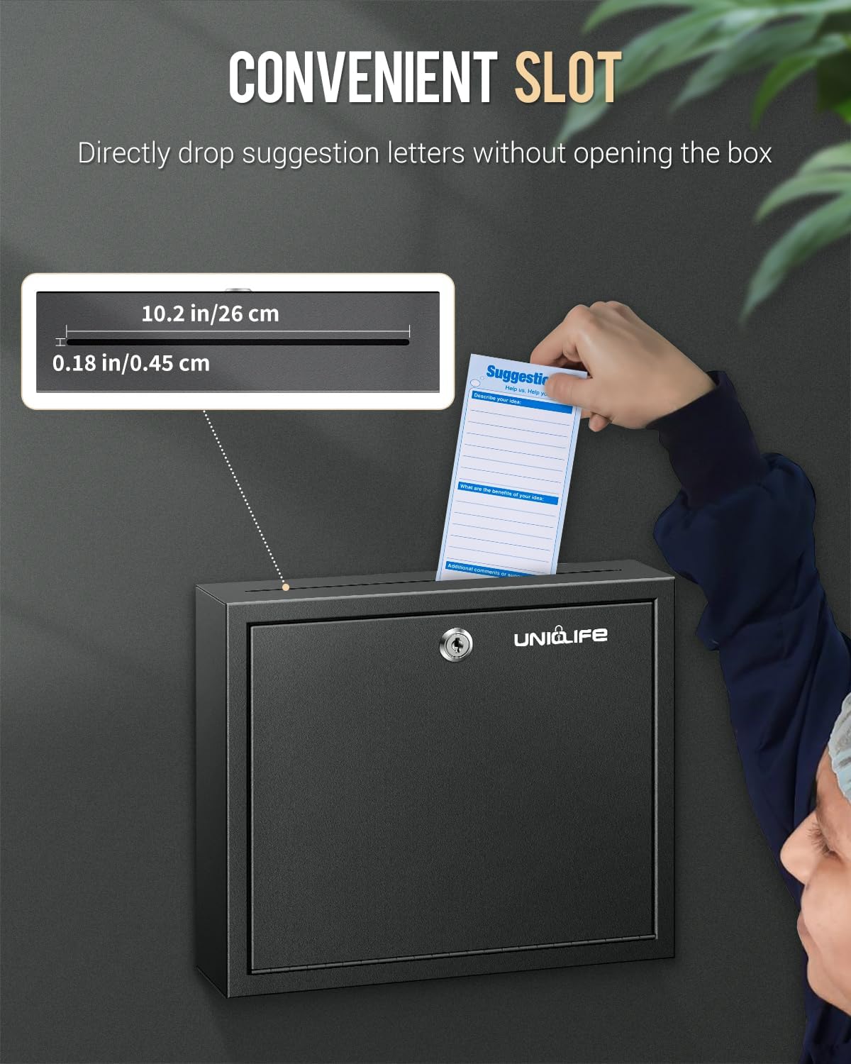 Uniclife Suggestion Box with Key Lock and Slot, Wall Mounted Mailbox for Office, Drop Box with 50 Blank Suggestion Cards, Safe Lock Box, Donation Box, Ballot Box for Business Activity