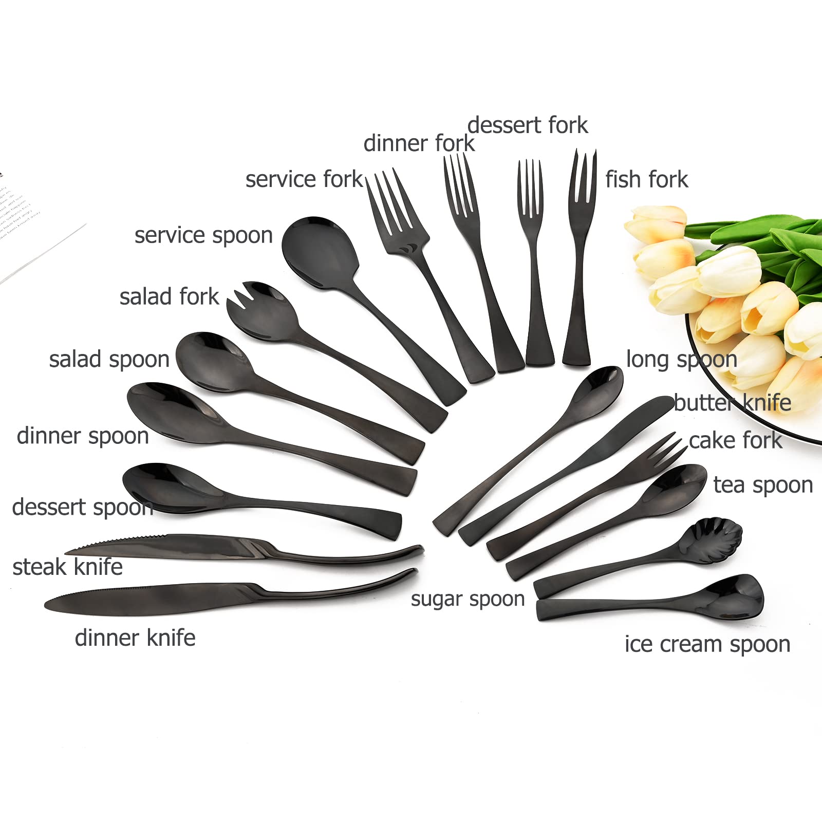 snplowum 4 Piece Mirror Black Dinner Knfie, Serrated Edge Heavy Duty 304 Stainless Steel Steak knife Kitchen Table Cutlery, Good Enough For Everyday Use, 9.96 inch