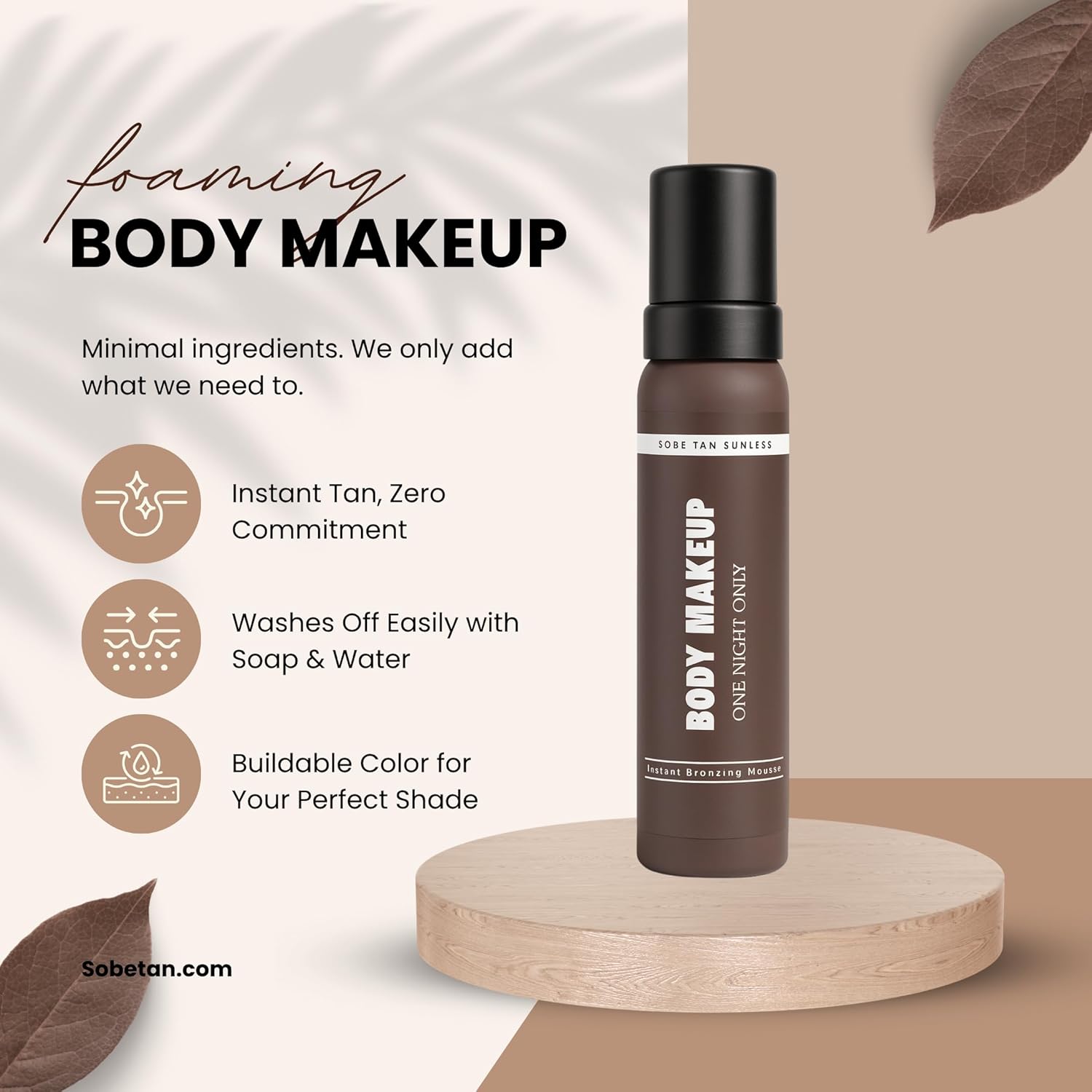 Body Makeup Mousse, DHA Free, Instant Wash Off Bronzing Mousse 250 mL (8.5 fl oz) Streak Free and Transfer Resistant, Fragrance Free, Includes Applicator Mitt