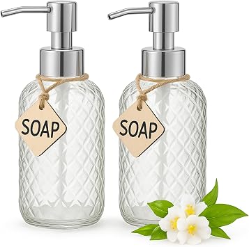 CASAFOYER Glass Soap Dispenser 15 Oz - Pack of 2 | Refillable Dishwash Liquid Dispenser for Kitchen | Shampoo & Bodywash Bottle | Rustproof Plastic Pump | Easy Soap Visibility | Dishwasher Safe