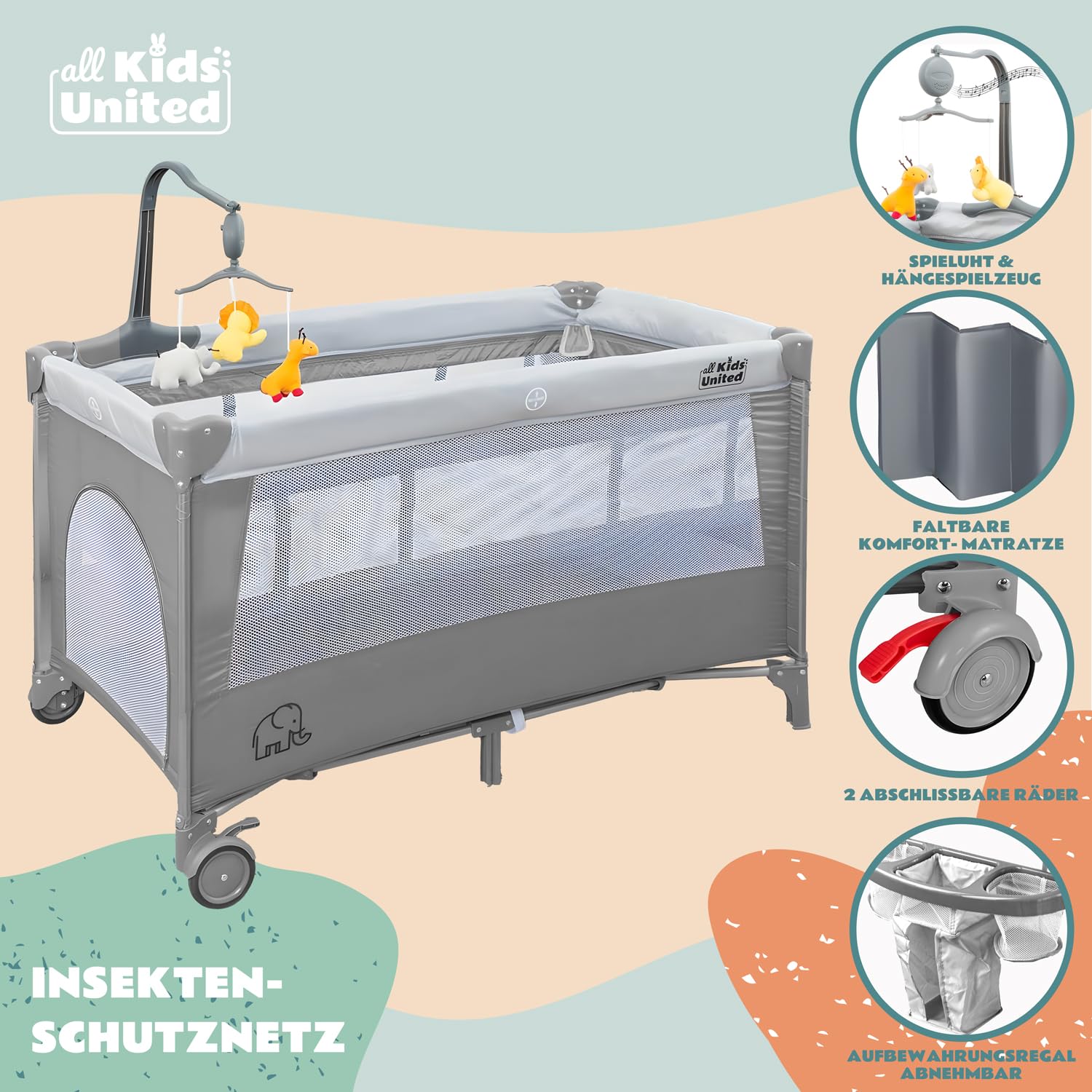 all Kids United Baby Reisebett Babybett mit Matratze, Wickelauflage, Musikspiel und Mobile Grau