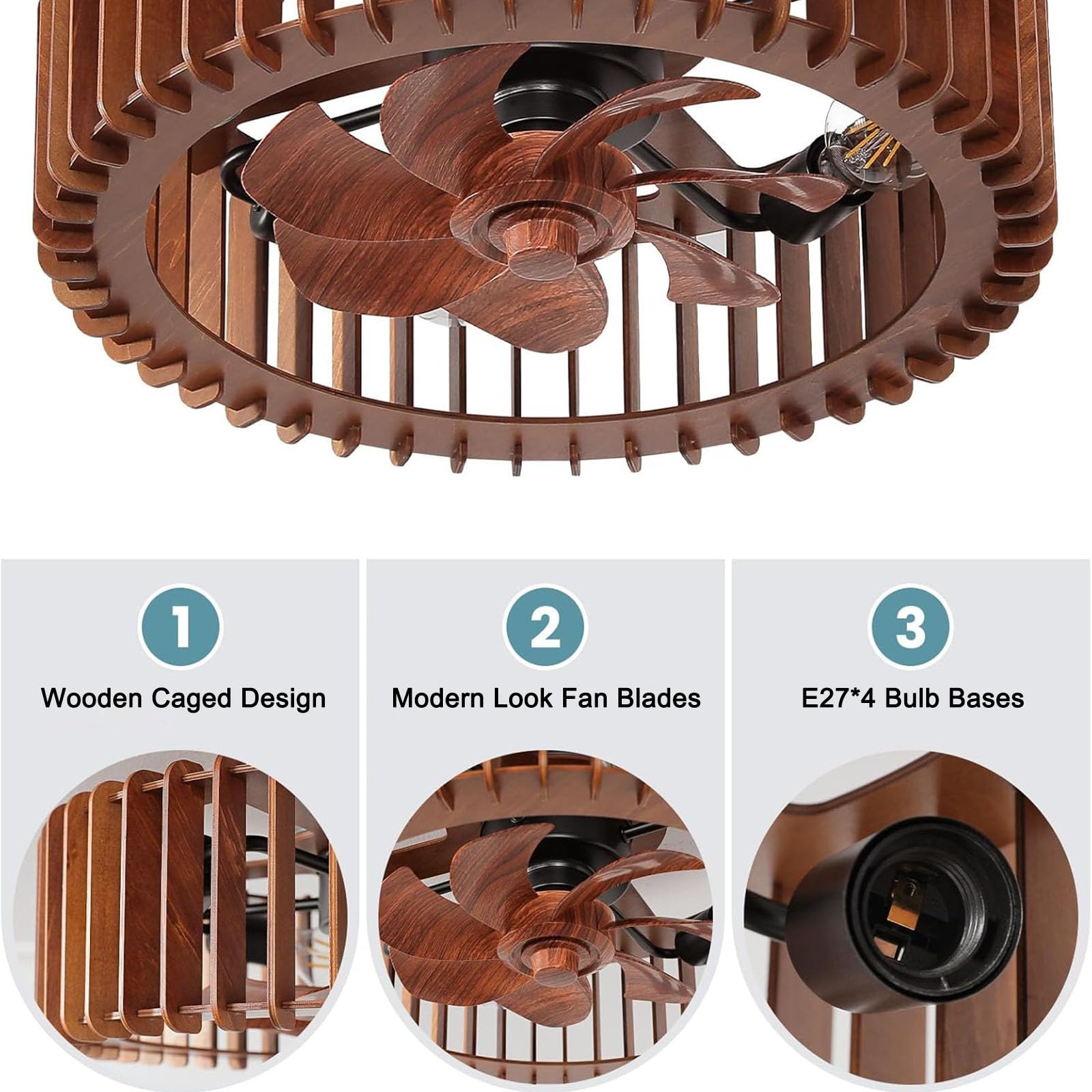 Deckenventilator mit Beleuchtung, Echtholz, 50 cm, 4× E27 | Deckenlampe mit Ventilator, Echtholzgitter, 4 E27-Fassungen, Fernbedienung, 6 Stufen, Timer und umkehrbarer Drehrichtung.