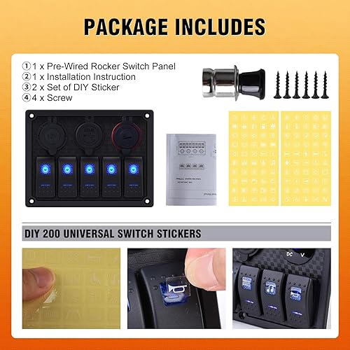 Vista 118 de Panel de interruptor de palanca impermeable de 6 cuadrillas 12V/24V Panel de interruptor basculante de aluminio con cargador USB doble, voltímetro