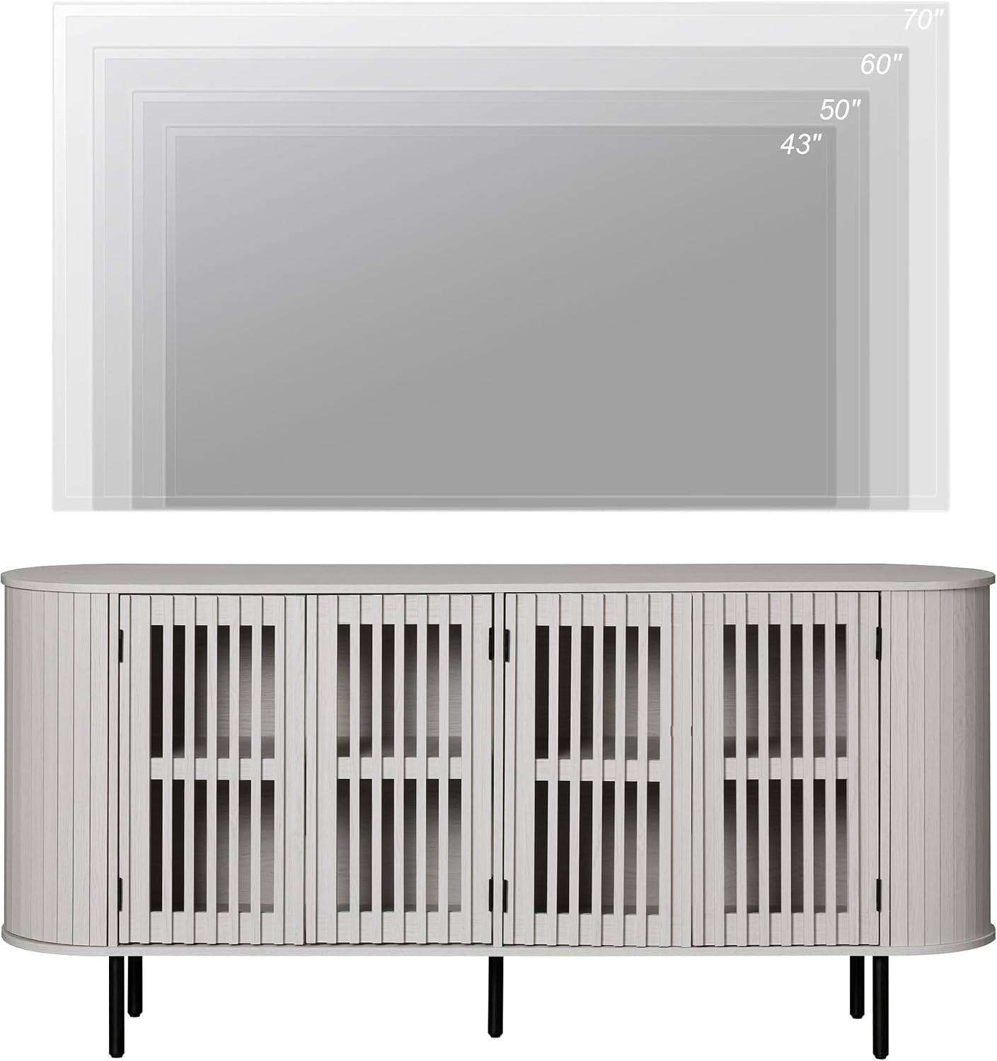 WAMPAT 64.4" Fluted TV Stand, Wood Entertainment Center for TVs Up to 70 inches, Curved Edge Media Console Table with Doors and Shelves for Living Room, Bedroom, White Washed