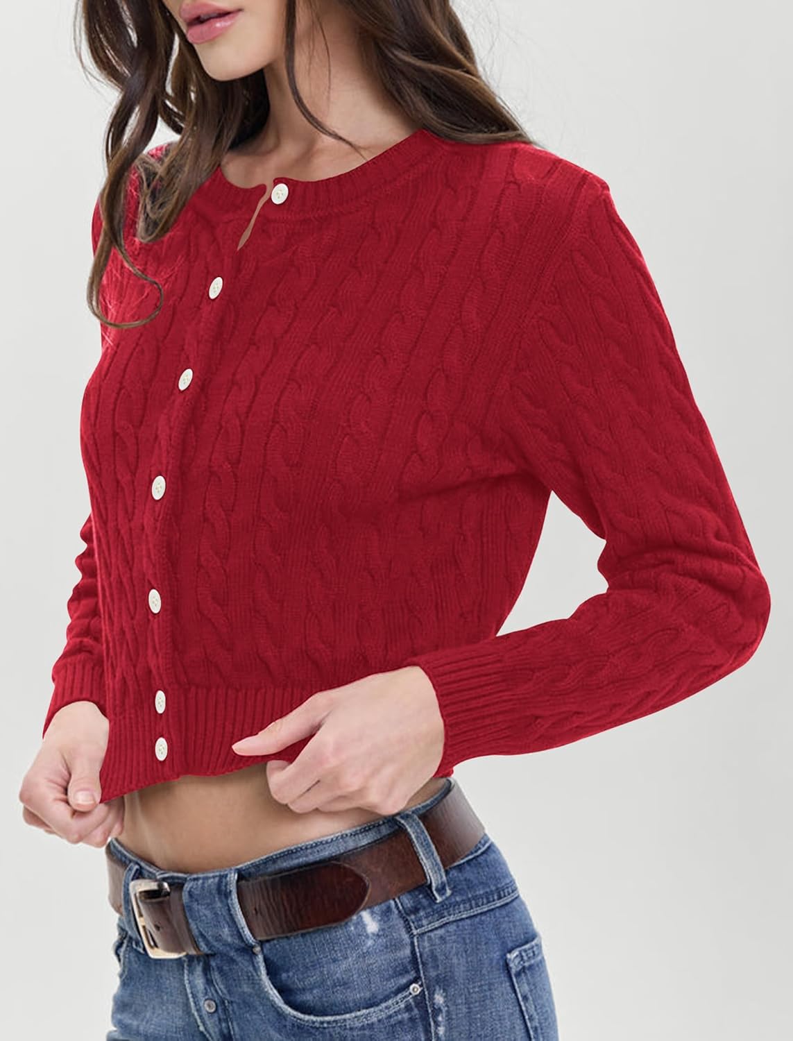 Balimtoy Women Cable Knit Cardigan Cropped Long Sleeve Crew Neck Button Down Sweater Cardigans Cute Y2k Fall Jackets - Image 2