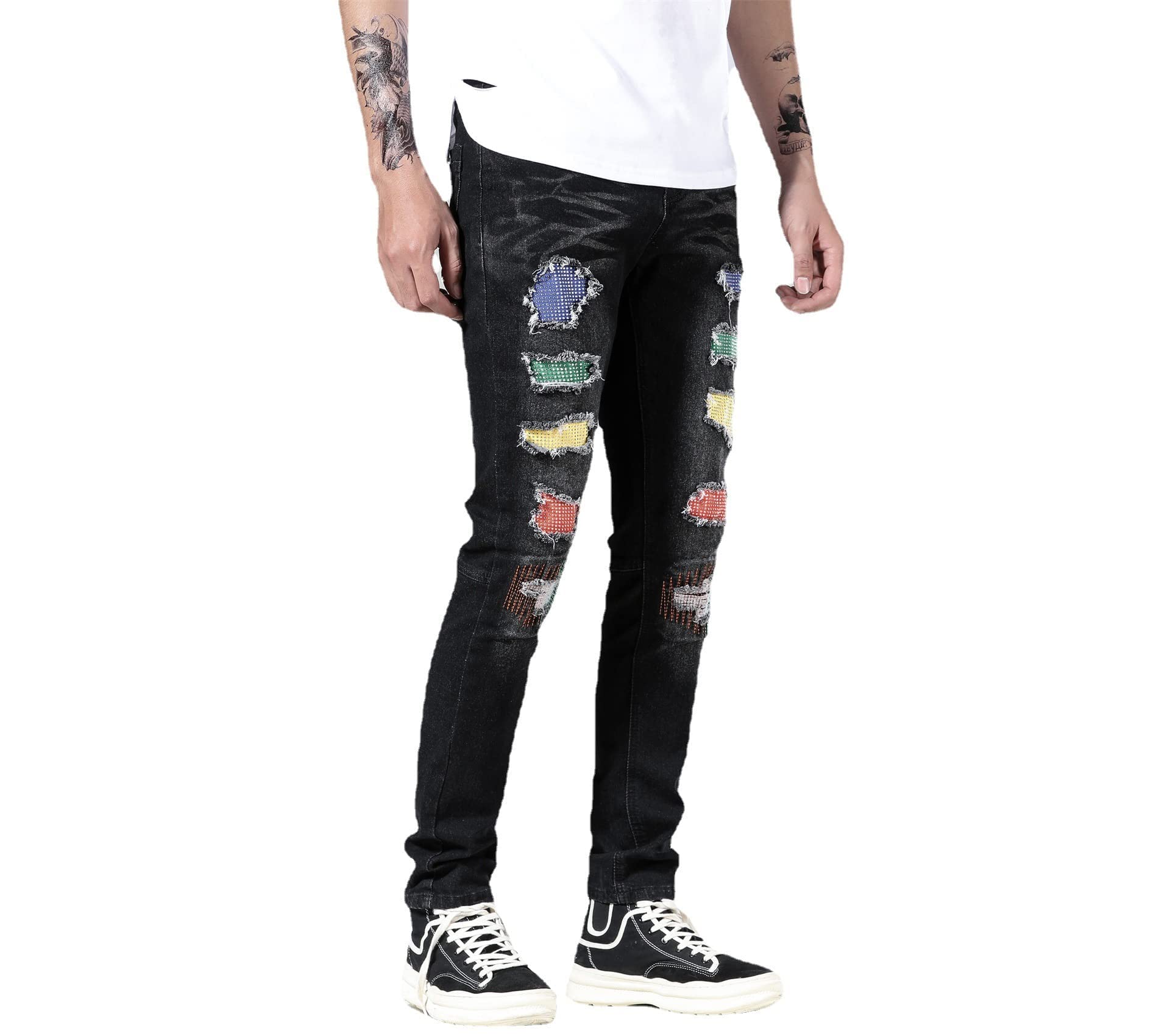 Skinny Slim Fashion męskie podarte proste dziury Hip Hop Biker Stretch Jeans, Czarny (1617), 34W / 31L